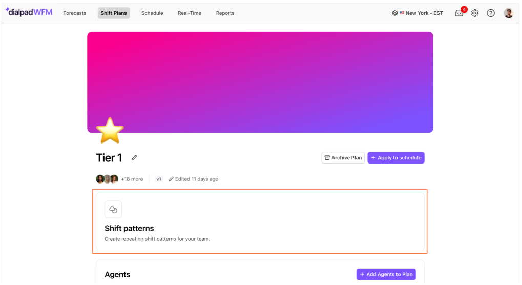 Overview of shift plans with options to create and manage team schedules.